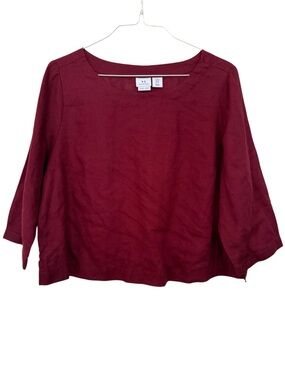 H by Halston 100% Linen Burgundy Boatneck Cropped Shirt Top Size XL Extra Large